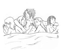 harem hyuuga_hinata ino_yamanaka monochrome naked naruto nude r3ydart sakura_haruno sasuke_uchiha sleeping uzumaki_karin