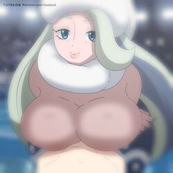 1boy 1girls animated areolae arms_under_breasts bent_over big_hair black_nails blonde_hair blue_eyes blurry blurry_background bouncing_breasts breast_hold breasts closed_mouth eye_contact eyelashes felipe_godoy female fingernails fur_hat gym_leader hair_over_one_eye half-closed_eyes hat highres huge_filesize human human_only implied_paizuri jewelry large_breasts larger_female long_hair looking_at_viewer melony_(pokemon) nintendo old_woman outdoors paid_reward paizuri pale-skinned_female pale-skinned_male pale_skin patreon patreon_reward patreon_username penis pokemon pokemon_ss pov ring scarf silver_hair size_difference smaller_male smile solo_focus straight text thick_eyebrows topless uncensored url ushanka watermark wedding_band