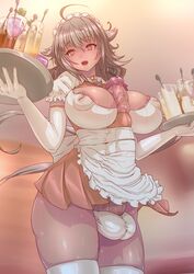 1futa autopaizuri aya_(thon2hk) balls balls_in_panties big_breasts bulge elbow_gloves futa_urethral_insertion futanari grey_hair huge_cock inverted_nipples maid maid_apron maid_headdress maid_uniform nipple_bulge nipple_slip penis precum serving_tray sweat testicles urethral_beads urethral_insertion white_thighhighs