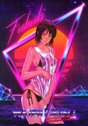 1girls big_breasts bikini clothed_female english_text female_only fubuki_(one-punch_man) looking_at_viewer night_sky one-punch_man outdoors partially_submerged retrowave see-through_top sky solo standing_in_water stars sun tank_top triangle water wet_clothes