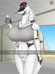 1girls 2019 a_drunk_dragon absurd_res aeromorph aircraft airplane anthro beret big_breasts blue_sky bottomless bra breasts building clothed clothing cockpit desert detailed_background english_text female female_only fingers hangar hat headgear headwear hi_res huge_breasts inside living_aircraft living_machine logo looking_at_viewer machine mountain navel nipple_outline open_mouth pandora_kennedy phone pussy road sand sky snapchat solo standing teeth text thick_thighs tongue tongue_out topwear underwear voluptuous wide_hips wings xb-70_valkyrie yellow_eyes