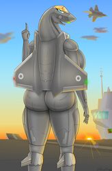 1girls 2019 a_drunk_dragon absurd_res aeromorph aircraft aircraft_carrier airplane anthro ass back_boob back_view big_ass big_butt blue_eyes breasts cloud cockpit detailed_background eyebrows eyelashes f-35 female female_only fingers flight_deck gesture green_light hi_res huge_breasts jet living_aircraft living_machine looking_at_viewer looking_back lucy_taylor_(adrunkdragon) machine open_mouth original pointing pointing_up raised_eyebrow red_light ship_deck signature sky solo sunset teeth thick_thighs voluptuous wide_hips wings