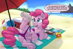 2020 anus beach bikini blue_eyes camel_toe clothing crotchboobs dialogue disembodied_hand duo earth_pony english_text equid equine female feral friendship_is_magic fur horse human human_on_feral lying male mammal my_little_pony on_side open_mouth pink_body pink_fur pinkie_pie_(mlp) pony pregnant puffy_anus pusspuss seaside speech_bubble straight swimwear teeth text tongue undressing