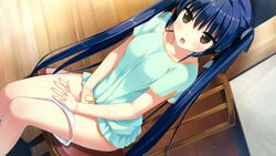 blue_hair brown_eyes highres kitchen long_twintails mamiya-kunchi_no_itsutsugo_jijou mamiya_moeri masturbation no_pants shirt twintails