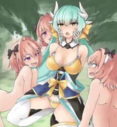 1boy 1girls astolfo_(fate) clothed_female_nude_male fate/apocrypha fate/grand_order fate_(series) female femboy femboy_on_female femboydom femsub kiyohime_(fate/grand_order) kiyohime_(swimsuit_lancer)_(fate) male male/female maledom multiple_boys straight straight_trap