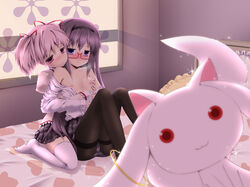 2girls akemi_homura bed black_hair blush female_only glasses hug kyuubee madoka_kaname mahou_shoujo_madoka_magica mocholy multiple_girls no_bra pantyhose pink_eyes pink_hair purple_eyes small_breasts striped_panties yuri