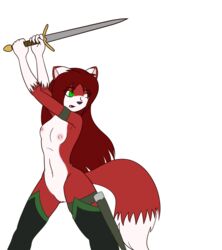 alpha_channel anthro breasts canid canine clothing dipstick_tail felid female fox fur gloves_(marking) green_eyes hair hybrid legwear linda_wright mammal markings melee_weapon mostly_nude multicolored_tail navel nipples open_mouth pussy red_body red_fur red_hair simple_background solo sword terdburgler thigh_highs transparent_background weapon