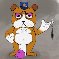 2020 animal_crossing anthro big_penis booker_(animal_crossing) canid canine clothing digital_media_(artwork) fur handcuffs hat headgear headwear hi_res huge_cock humanoid_penis male male_only mammal nintendo penis shackles simple_background solo video_games