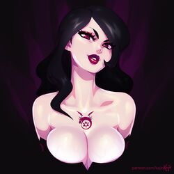 big_breasts black_hair clothed_female elbow_gloves eyeshadow female female_focus female_only fullmetal_alchemist kajinman lipstick long_hair looking_at_viewer lust_(fullmetal_alchemist) makeup mature_female red_eyes red_lipstick smile solo solo_female solo_focus