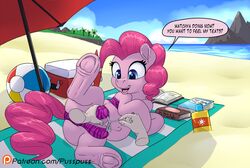 2020 anus beach bikini blue_eyes clothing crotchboobs dialogue disembodied_hand duo earth_pony english_text equid equine female feral friendship_is_magic fur horse human human_on_feral lying male mammal my_little_pony on_side open_mouth pink_body pink_fur pinkie_pie_(mlp) pony pregnant pusspuss seaside speech_bubble straight swimwear teeth text tongue undressing