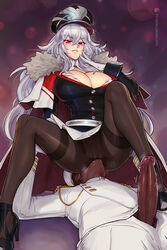 1boy areola_slip areolae azur_lane bbc-chan black_footwear bra bra_peek breasts brown_legwear cape cleavage clothed_sex coat cowgirl_position cunnilingus cunnilingus_through_clothes dark-skinned_male dark_skin erection facesitting female femdom fur-trimmed_cape fur-trimmed_coat fur_trim gloves graf_zeppelin_(azur_lane) hair_between_eyes hat high_heels highres huge_breasts imminent_footjob interracial iron_cross large_penis lavender_hair lips military_hat oral pantyhose peaked_cap penis pink_eyes pussy_juice seamed_legwear sitting sitting_on_face sitting_on_person spread_legs straight thighband_pantyhose underwear veins veiny_penis white_gloves