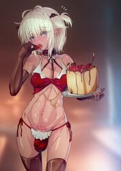 1futa aya_(thon2hk) cake ear_piercing elbow_gloves flaccid futa_only futanari precum red_bra red_panties serving_tray small_penis solo solo_futa strawberry string_panties sweat tattoo thighhighs white_hair