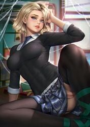 1girls artist_name ass_visible_through_thighs athletic black_socks blonde_hair blue_eyes busty eyebrow_piercing female female_only garter_belt gwen_stacy gwen_stacy_(spider-verse) hourglass_figure light-skinned_female light_skin marvel marvel_comics medium_breasts neoartcore no_panties pale-skinned_female pale_skin pinup pose posing school_uniform short_hair sitting skirt sleeves_rolled_up socks solo spider-gwen spider-man:_into_the_spider-verse spider-man_(series) stockings thick_thighs thigh_socks thighhighs tooth_gap upskirt watermark wide_hips