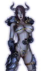 3d armor bikini bikini_armor blue_eyes blue_panties breasts dark-skinned_female dark_hair dark_skin death_knight draenei eshalw female female_only honey_select horns huge_breasts nipples original_character pinup pointy_ears solo studio_neo tail tan tanline world_of_warcraft