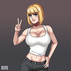 1girls big_breasts blonde_hair blue_eyes bob_cut boobs breasts cleavage dressed female large_breasts ratedehcs smile tank_top v