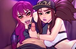 1boy 2girls akali alternate_costume blushypixy blushyspicy erection evelynn female ffm_threesome handjob k/da_akali k/da_evelynn k/da_series league_of_legends light-skinned_female light-skinned_male light_skin looking_at_viewer male penis pov strapless strapless_top strapless_topwear threesome tubetop