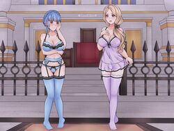 2girls bare_shoulders blonde_hair blue_eyes blue_hair blue_lingerie blush cleavage female_only fire_emblem fire_emblem:_three_houses grey_eyes lewdlilies lingerie long_hair looking_at_viewer marianne_von_edmund mercedes_von_martritz multiple_girls negligee nintendo nipple_bulge nipples panties ponytail purple_lingerie see-through short_hair side_ponytail smile source_request thighhighs