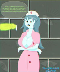 blue_hair blue_skin breasts cleavage cum cum_in_mouth disembodied_penis english_text female ghost ghost_girl glowing glowing_eyes glowing_genitalia glowing_penis hypnosis large_breasts long_hair mind_control nurse nurse_uniform spooky's_house_of_jump_scares spooky's_jump_scare_mansion spooky_(shojs) temperancedraws text text_bubble