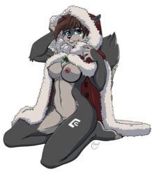 alpha_channel anthro black_nose blue_eyes breasts brown_hair canid canine canis cape christmas clothing female fur grey_body grey_fur hair holidays mammal navel nipples nude pussy simple_background solo tala_(fluff-kevlar) transparent_background wolf yawg