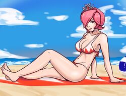 1girls artist_request barefoot beach beach_ball beach_towel bedroom_eyes bikini breasts cleavage clouds cyan_eyes earrings female female_only final_fantasy hair_over_one_eye half-closed_eyes knee_up light-skinned_female light_skin lips lipstick looking_at_viewer mario_(series) mario_hoops_3_on_3 medium_breasts nail_polish nintendo pale-skinned_female pale_skin pink_hair shiny_hair shiny_skin short_hair sitting_down solo teeth thick thick_thighs thighs tiara white_mage_(mario) wide_hips