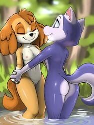 anthro anthrofied ass blue_eyes breasts canid canine canis closed_eyes diacordst domestic_dog duo everest_(paw_patrol) female female/female fur gloves_(marking) hand_holding husk interlocked_fingers lesbian mammal markings multicolored_body multicolored_fur nude partially_submerged paw_patrol pussy rear_view skinny_dipping skye_(paw_patrol) small_breasts smile standing two_tone_body two_tone_fur yuri