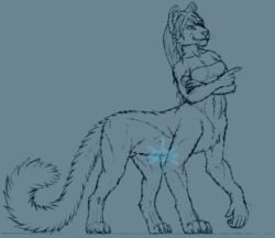 animal_genitalia anthro breasts chakat_(species) clothed clothing fangs felid_taur feline frostwyrm102 furry futanari gynomorph hair intersex mammal mammal_taur monochrome partially_clothed sabertooth_(anatomy) sheath simple_background solo taur winterfang_(frostwyrm102)