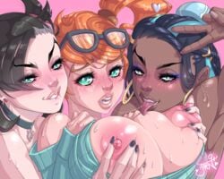 3girls alternate_breast_size big_breasts biting_lip biting_own_lip black_hair blue_eyes blue_hair breast_grab camera dark-skinned_female dark_skin female freckles glasses green_eyes hud human human_only interracial kintama00 makeup marnie_(pokemon) multiple_girls nessa_(pokemon) nintendo nipples pokemon pokemon_ss red_hair sonia_(pokemon) sweat text threesome tongue_out v watermark yuri