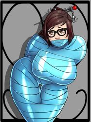 1girls blue blue_tape bondage brown_hair female female_only femsub gag gagged glasses mei_(overwatch) overwatch solo srasomeone tagme tape tape_bondage tape_gag thick_thighs thigh_gap