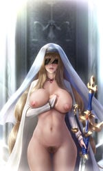 abs areolae blindfold blonde_hair breasts clitoris female female_only goblin_slayer hairy_pussy high_resolution highres limgae lips long_hair looking_at_viewer navel necklace nipples nude pubic_hair pussy shawl solo source_request standing sword sword_maiden_(goblin_slayer) thick_thighs thigh_gap uncensored veil watermark weapon wide_hips