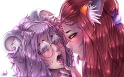 2girls animal_ears animal_humanoid blush cat_ears fangs glasses green_eyes kintama00 kissing messy_hair mouse_ears narrowed_eyes nekomimi pink_hair red_hair saliva saliva_string saliva_trail tongue tongue_out yuri