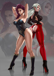 2girls armpits ass_cutout back_cutout back_view bodysuit boots dandon_fuga edelgard_von_hresvelg female fire_emblem fire_emblem:_three_houses hands_behind_head heel_boots heels petra_macneary purple_hair red_pants reflection white_hair