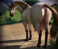 2020 anatomically_correct anatomically_correct_anus anatomically_correct_genitalia anatomically_correct_pussy animal_genitalia animal_pussy anus ass bodily_fluids clitoris crotchboobs detailed_background equid equine equine_pussy eris_(marefurryfan) eyelashes female feral funnel-shaped_teats genital_fluids hi_res horse huge_crotchboobs looking_at_viewer looking_back mammal mane mare mercurial64 outside pussy pussy_juice saddle shadow signature solo