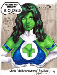 1girls 2011 armband bare_shoulders big_breasts boob_window breaking_the_fourth_wall breast_lift busty chris_foulkes cleavage cleavage_cutout color cover_page cupping_breasts curvy drawn elbow_gloves erect_nipples_under_clothes eyelashes eyeliner fantastic_four female female_only gloves green-skinned_female green_eyes green_hair green_skin hands_on_breasts huge_breasts hulk_(series) large_breasts lipstick long_hair marvel mascara nipple_bulge nipples_visible_through_clothing pinup pose posing she-hulk sketch skimpy skimpy_clothes skin_tight solo speech_bubble sue_storm_90s_costume superheroine upper_body upper_body_focus voluptuous voluptuous_female