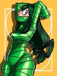 arms_up bondage bound dark_hair female froppy gag gagged green green_hair green_tape my_hero_academia rubber solo srasomeone tape tape_bondage tape_gag taped_mouth tsuyu_asui