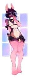 accessory blush bow chastity chastity_(disambiguation) chastity_cage chastity_device clothed clothing crossdressing frenky_hw garter girly lagomorph legwear leporid male male_chastity mammal nipples rabbit solo stockings