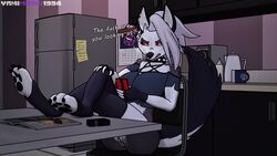 16:9 1girls 2020 4k anthro ass big_breasts bottomless breasts canid canid_demon canine canis cellphone chair cigarette clothed clothing collar demon dialogue digital_media_(artwork) english_text eyeshadow female fridge fur furniture furry hair hellhound helluva_boss hi_res looking_at_viewer loona_(helluva_boss) magazine makeup mammal phone pussy red_sclera shirt sitting solo topwear vivienne_medrano white_body white_fur wolf yamimarik1994