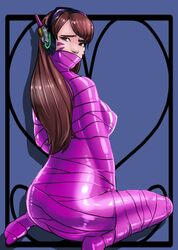 bondage bound brown_hair d.va female femsub gag gagged headphones kneeling long_hair looking_at_viewer looking_back over_the_shoulder overwatch restrained solo srasomeone tape tape_bondage tape_gag taped_mouth