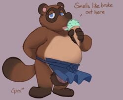 2020 animal_crossing anthro apron belly blue_eyes brown_body brown_fur canid canine dessert english_text food fur furry humanoid_penis ice_cream male male_only mammal nintendo overweight overweight_male penis raccoon_dog simple_background solo spectral-bat tanuki testicles text tom_nook