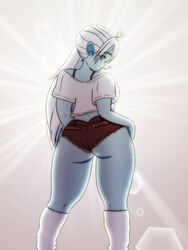 big_ass blue_skin cyana cyana_(p.m._seymour) elf elf_ears elf_female female kneehighs pointy_ears riley_moore short_shorts thick_thighs white_hair