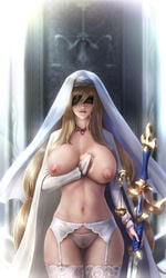 abs areolae blindfold blonde_hair breasts female female_only goblin_slayer high_resolution highres leggings limgae lips long_hair navel necklace nipples panties pubic_hair see-through shawl solo standing sword sword_maiden_(goblin_slayer) thick_thighs thigh_gap underwear veil watermark weapon wide_hips