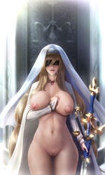 abs areolae blindfold blonde_hair breasts clitoris female female_only goblin_slayer high_resolution highres limgae lips long_hair looking_at_viewer navel necklace nipples no_pubic_hair nude pussy shawl solo source_request standing sword sword_maiden_(goblin_slayer) thick_thighs thigh_gap uncensored veil watermark weapon wide_hips