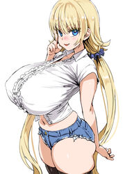 1girls asanagi big_breasts big_eyes blonde blonde_hair blue_eyes cute_fang denim denim_shorts female female_only frilled_shirt huge_breasts index_finger_raised jean_shorts long_breasts long_hair long_twintails looking_at_viewer midriff navel nipple_bulge scrunchie short_sleeves shorts sideboob simple_background skindentation small_but_busty solo thighhighs twintails white_background white_shirt