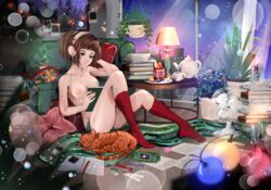 1girls absurdres areolae bedroom book bookshelf breasts brown_hair casual casual_nudity casual_topless cat christmas clothing curvy dreaming_witch erect_nipples exposed exposed_nipples feline female female_only headphones highres house_cat huge_filesize lamp listening_to_music lo-fi_beats_to_relax/study_to lofi_girl looking_down mechanical_pencil medium_breasts night nipples nonsexual_nudity open_book panties pencil phone short_ponytail sitting socks solo solo_focus studying topless warm_lighting winter