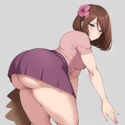 ai_generated aroma_lady_(pokemon) aroma_lady_(pokemon_oras) ass_focus bent_over looking_at_viewer looking_back npc_trainer pokemon pokemon_oras revealing_clothes upskirt