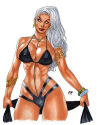 1girls armlet big_breasts bikini bracelet breasts busty chris_foulkes cleavage dark-skinned_female dark_skin earrings eyelashes eyeliner female female_only fit fit_female fully_clothed hourglass_figure jewelry large_breasts lipstick long_hair marvel marvel_comics mascara navel ororo_munroe overflowing_breasts pose posing ribs solo standing storm_(x-men) straight_hair swimsuit tagme toned toned_female white_background white_eyes white_hair wide_hips x-men