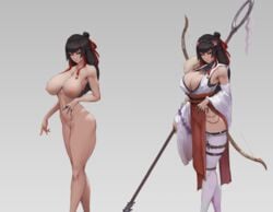 black_eyes black_hair bow_(weapon) breasts cleavage cropped cutesexyrobutts debauchery_in_caelia_kingdoms erect_nipples garter gradient grey_background hakama headdress japanese_clothes long_hair miko nipples nude pussy staff thighhighs uncensored weapon