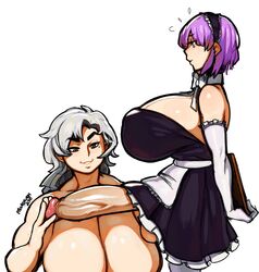 2018 2futas 2girls apron arm_sleeves bare_shoulders beauty_mark big_ass big_balls big_breasts big_penis breast_suppress breasts circumcised cock_worship detached_sleeves eyebrows_visible_through_hair female frilled_skirt futa_on_futa futanari grey_hair hands_behind_back holding_object huge_breasts imminent_fellatio imminent_oral intersex larger_female larger_futanari lesbian light-skinned_female long_breasts long_penis looking_at_penis maid maid_headdress medium_hair melody_(modeseven) modeseven mole_under_eye muscular muscular_futanari nervous_smile nipple_bulge on_knees penis penis_awe penis_poke penis_under_clothes penis_under_dress penis_under_skirt plate presenting_penis purple_hair ribbon shiny_skin side_view sideboob signature silver_hair skindentation smaller_futanari underboob veiny_penis white_background white_hair white_ribbon wifemaid13_(modeseven) yuri