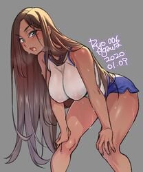 1girls artist_name ass athletic bent_over big_ass big_breasts big_butt blue_eyes blue_shorts breasts brown_hair brown_skin cleavage clothed dark-skinned_female dark_skin dated exhausted female female_only hands_on_knees hanging_breasts large_breasts long_hair looking_at_viewer nipples nipples_visible_through_clothing open_mouth ryo_agawa short_shorts shorts simple_background small_waist solo sports_uniform sportswear sweat thick_thighs thin_waist very_long_hair wet_clothes wet_shirt white_shirt
