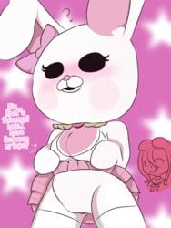 2021 ? artist_request ass ass_visible_through_thighs breasts clitoris confused danganronpa danganronpa_2:_goodbye_despair female female_focus female_only furry iruma_miu looking_at_viewer monomi_(danganronpa) no_panties pink_background rabbit skirt skirt_up straight_hair sweat tagme_(artist) text thighhighs thighs vagina white_fur