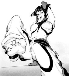 1girls 2d anus areolae barefoot belly blink3r blush breasts butt_crack feet female female_only foot_fetish juri_han looking_at_viewer monochrome nipples open_mouth pussy soles solo street_fighter toes tongue